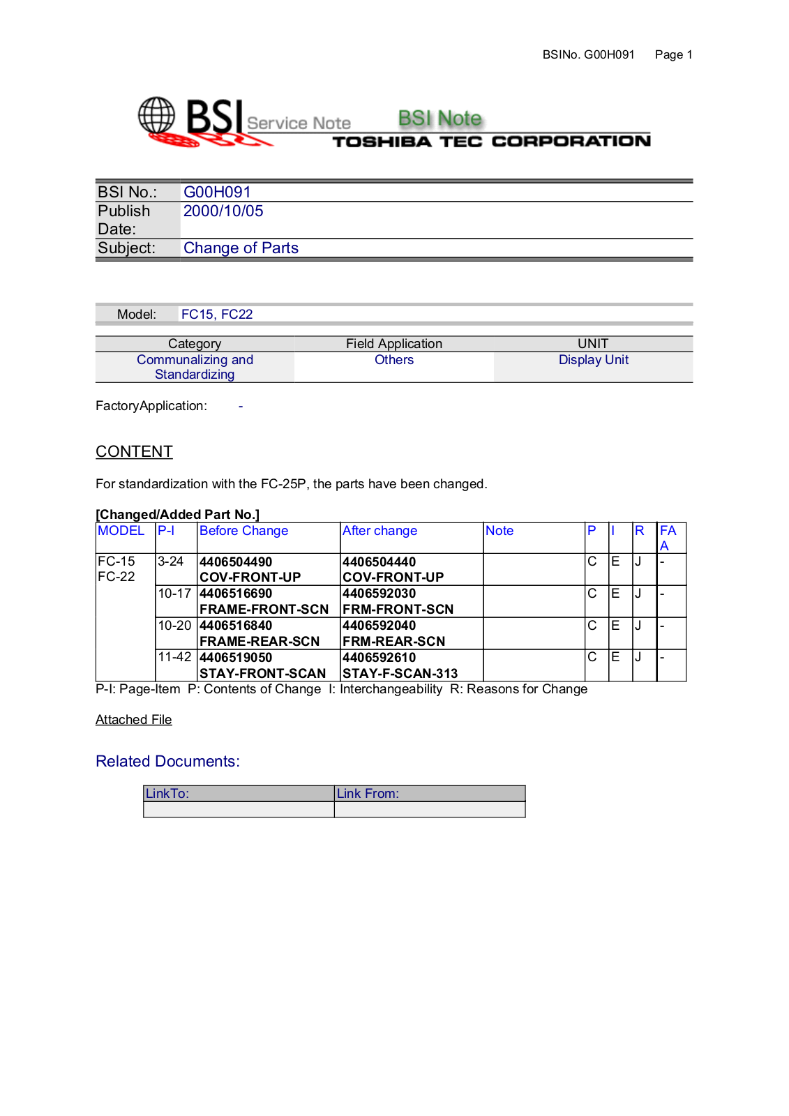 Toshiba G00H091 Service Note