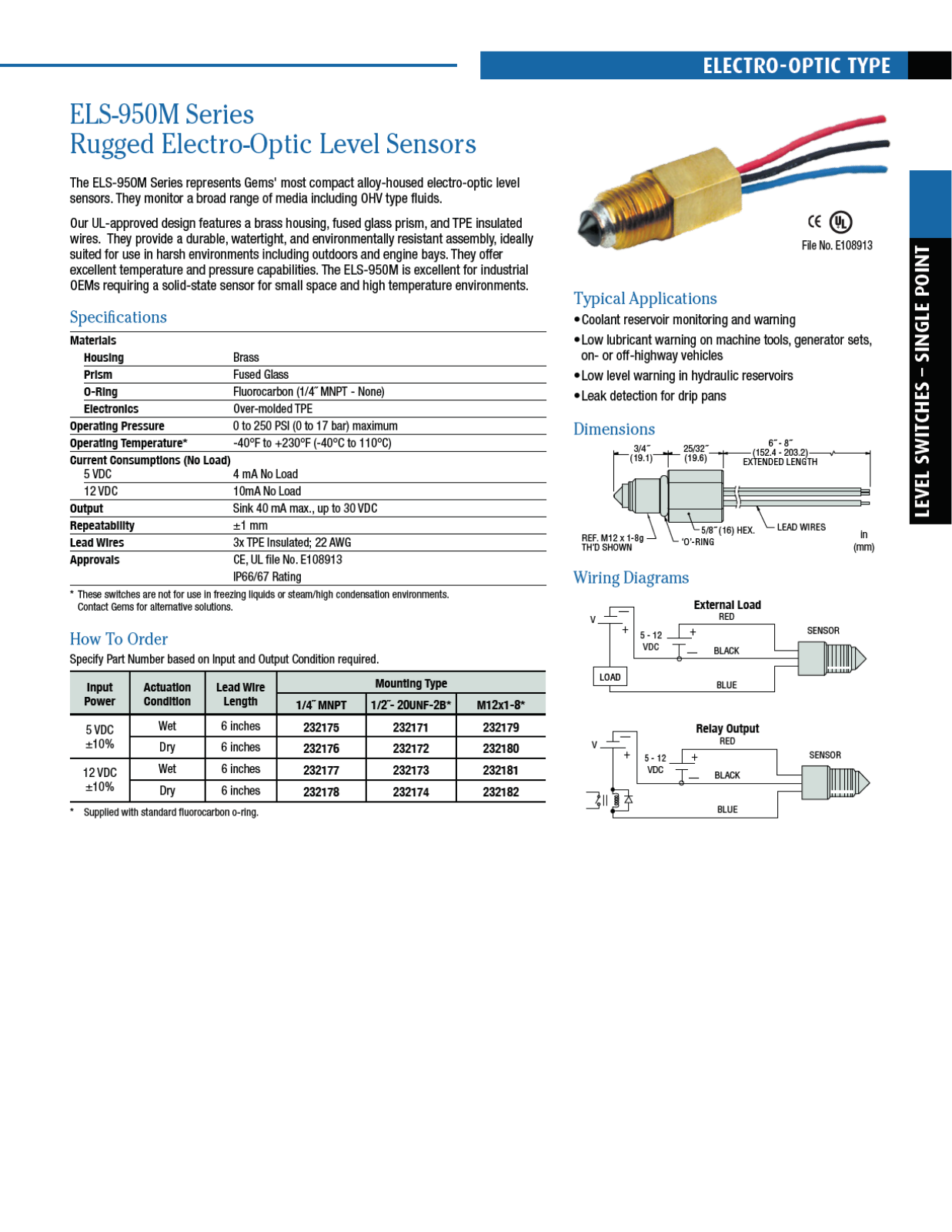 Gems Sensors & Controls ELS 950M Series Catalog Page