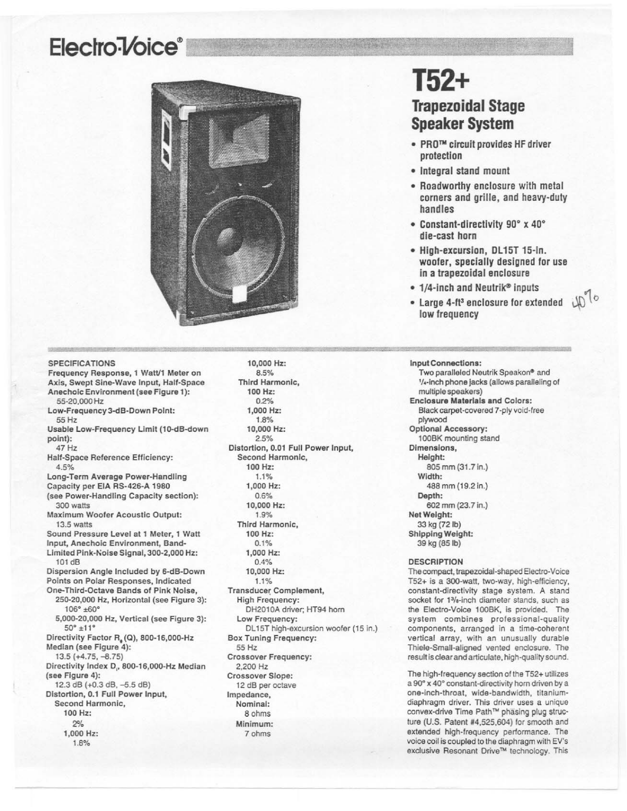 Electro-voice T52PLUS DATASHEET