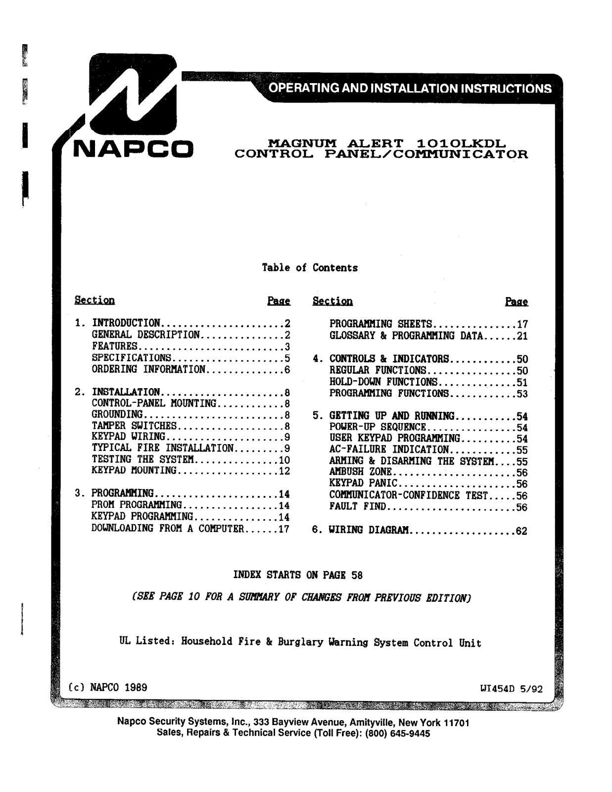 NAPCO MA1010LKDL Installation Manual