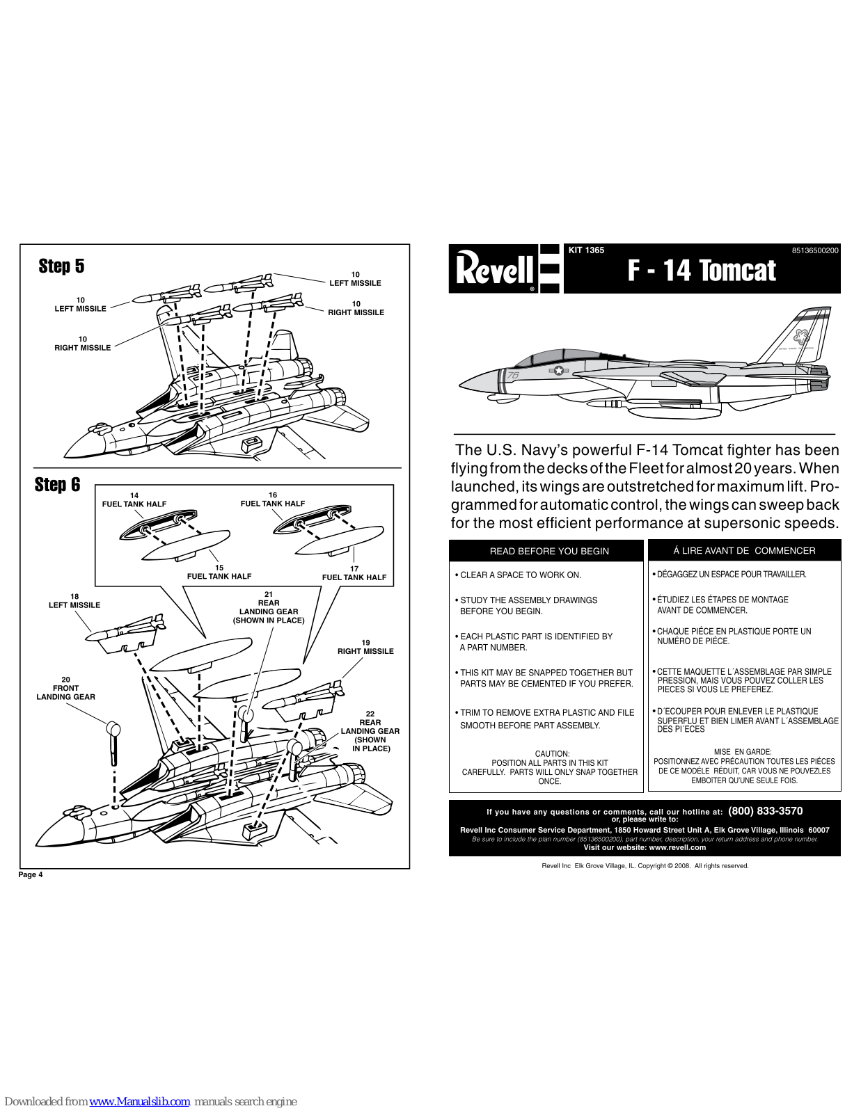 REVELL KIT 1365, F-14 Tomcat, 1365 Assembly Manual