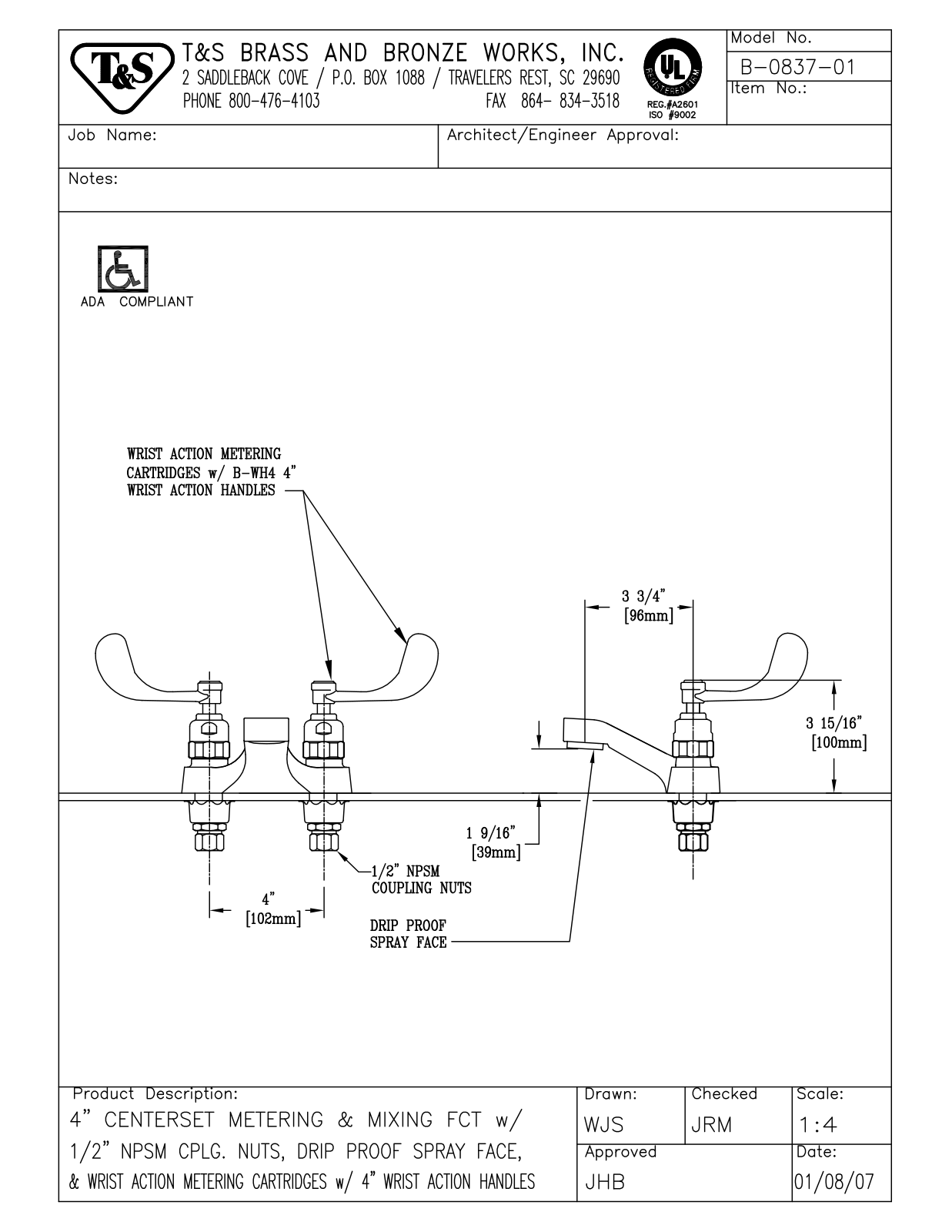 T&S Brass B-0837-01 User Manual