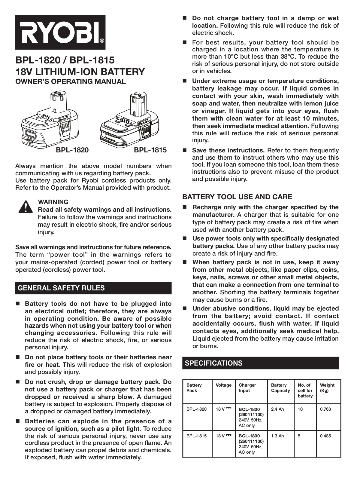 Ryobi BPL1815, 18V SINGLE BATTERY PACK LITHIUM ION BPL1820 User Manual