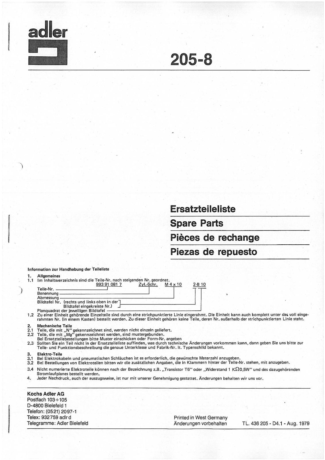 Durkopp Adler 205-8 Parts Book