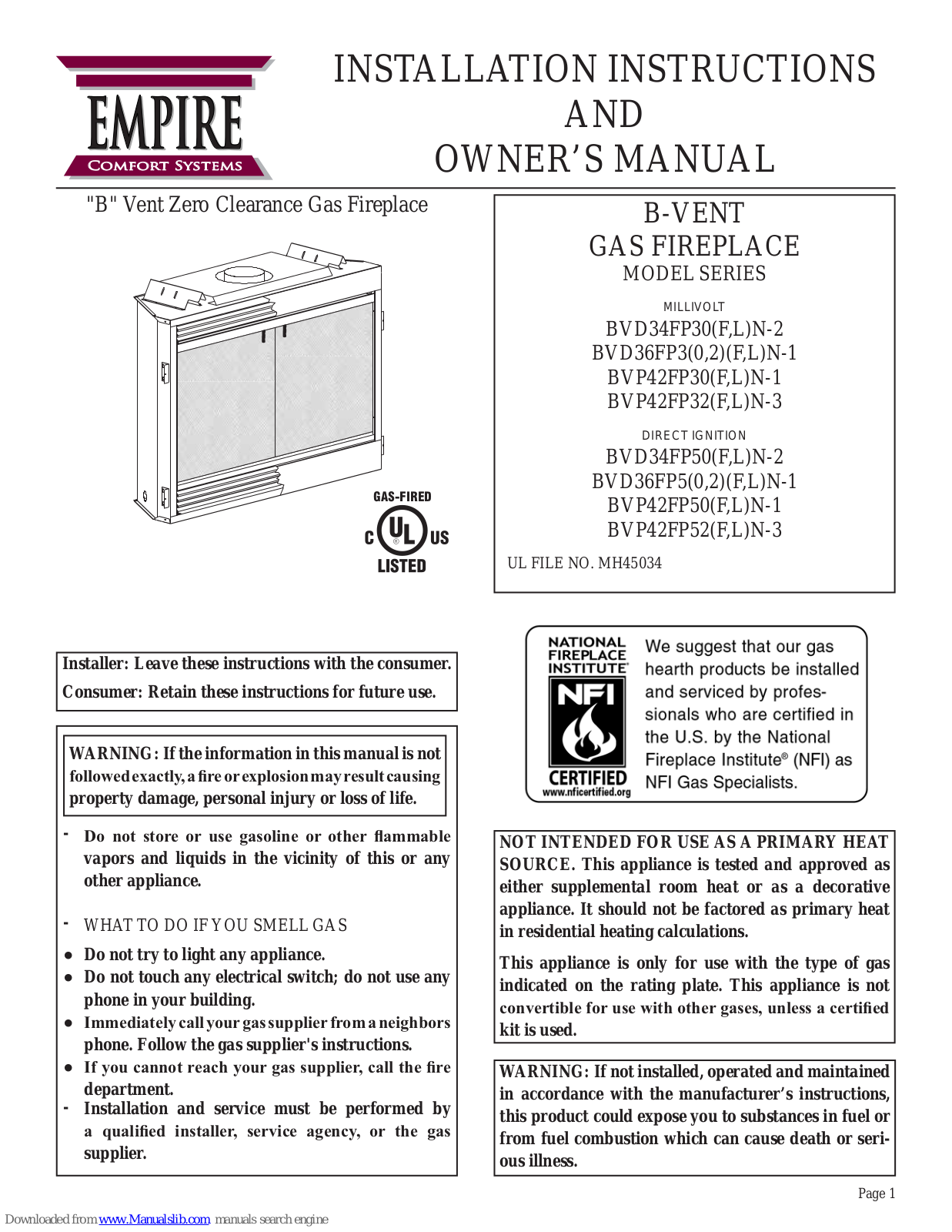 Empire Comfort Systems BVD34FP30LN-2, BVD34FP30FN-2, BVD36FP30LN-1, BVD36FP32LN-1, BVD36FP30FN-1 Installation Instructions And Owner's Manual