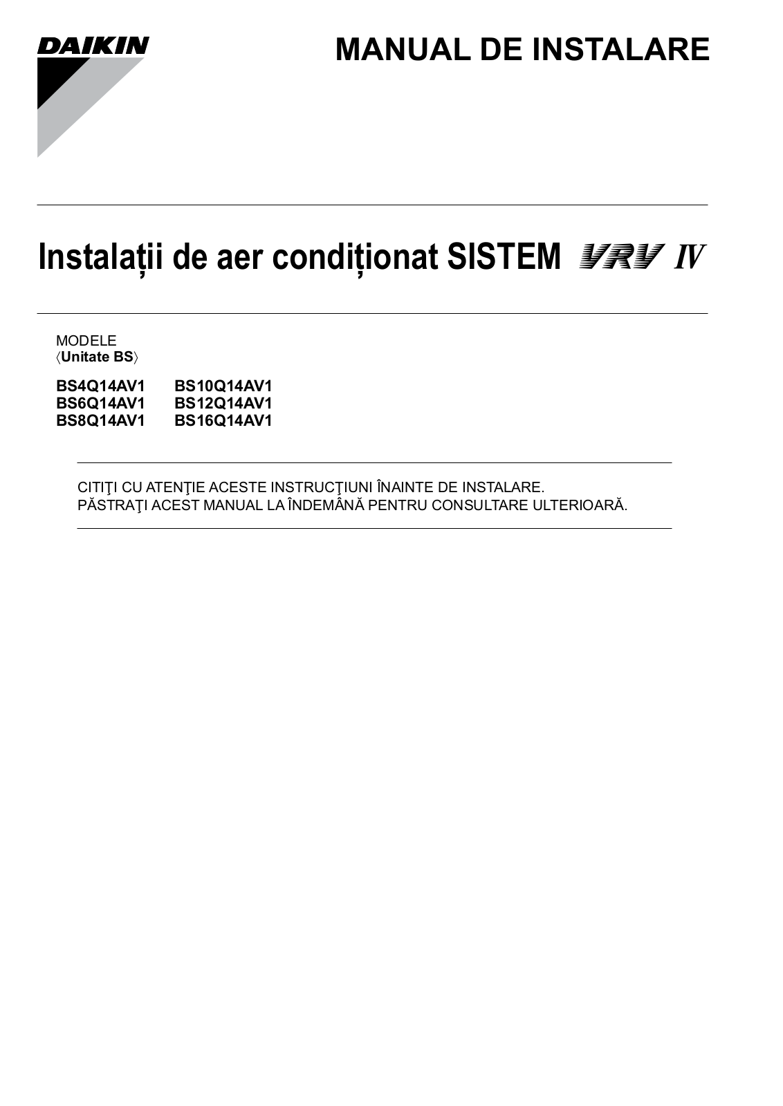 Daikin BS4Q14AV1, BS10Q14AV1, BS6Q14AV1, BS12Q14AV1, BS8Q14AV1 Installation manuals