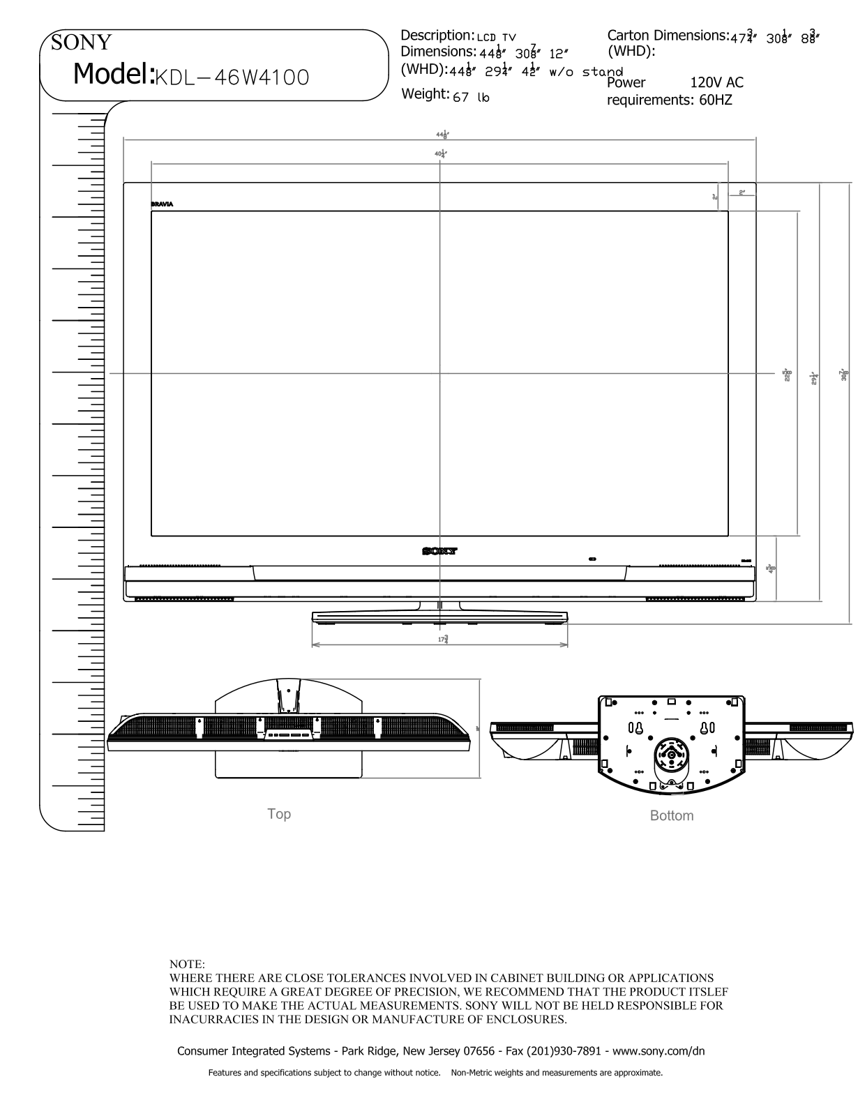 Sony KDL-46W4100 Dimensions Diagram