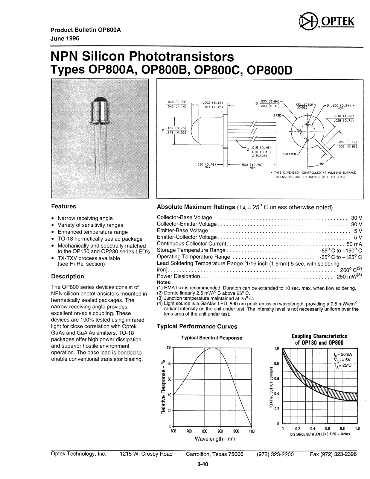 OPTEK OP800C, OP800D, OP800B Datasheet