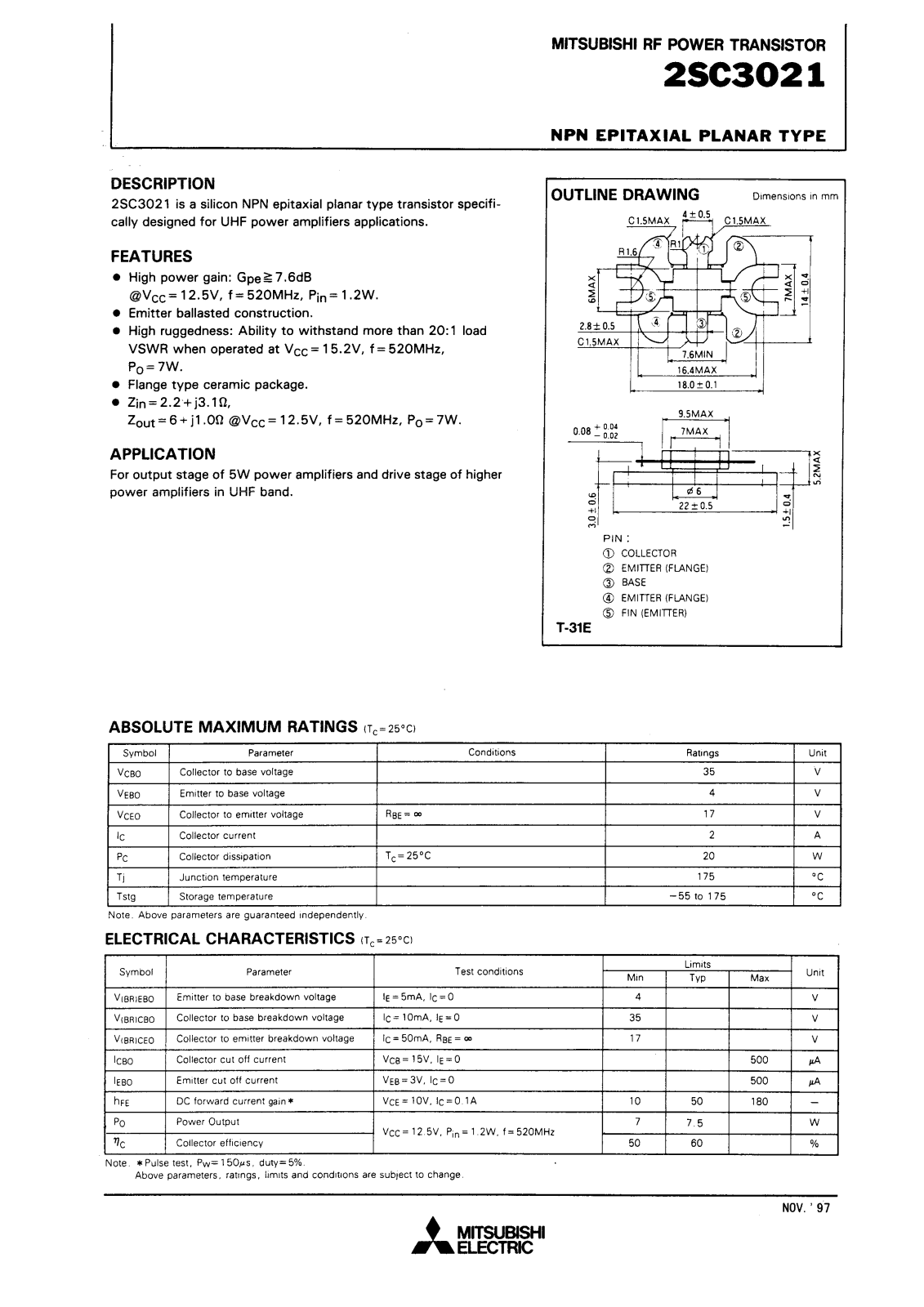 Mitsubishi Electric Corporation Semiconductor Group 2SC3021 Datasheet