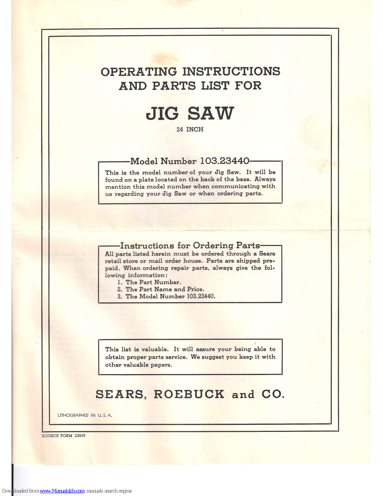 Sears, Roebuck and Co. 103.23440 Operating Instructions And Parts List Manual