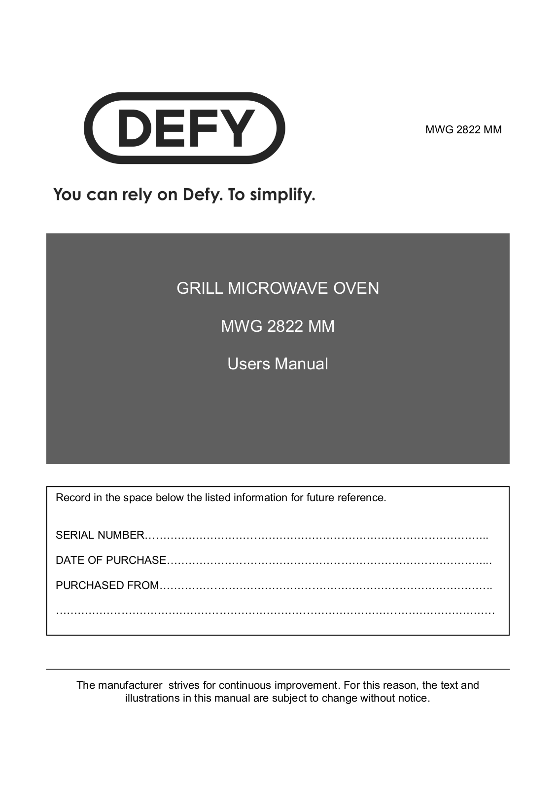 Defy MWG 2822 User Manual