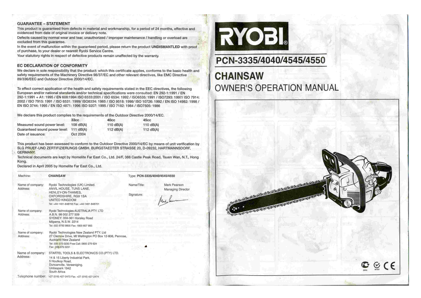 Ryobi PCN-4040, PCN-3335, PCN-4545, PCN-4550 Manual