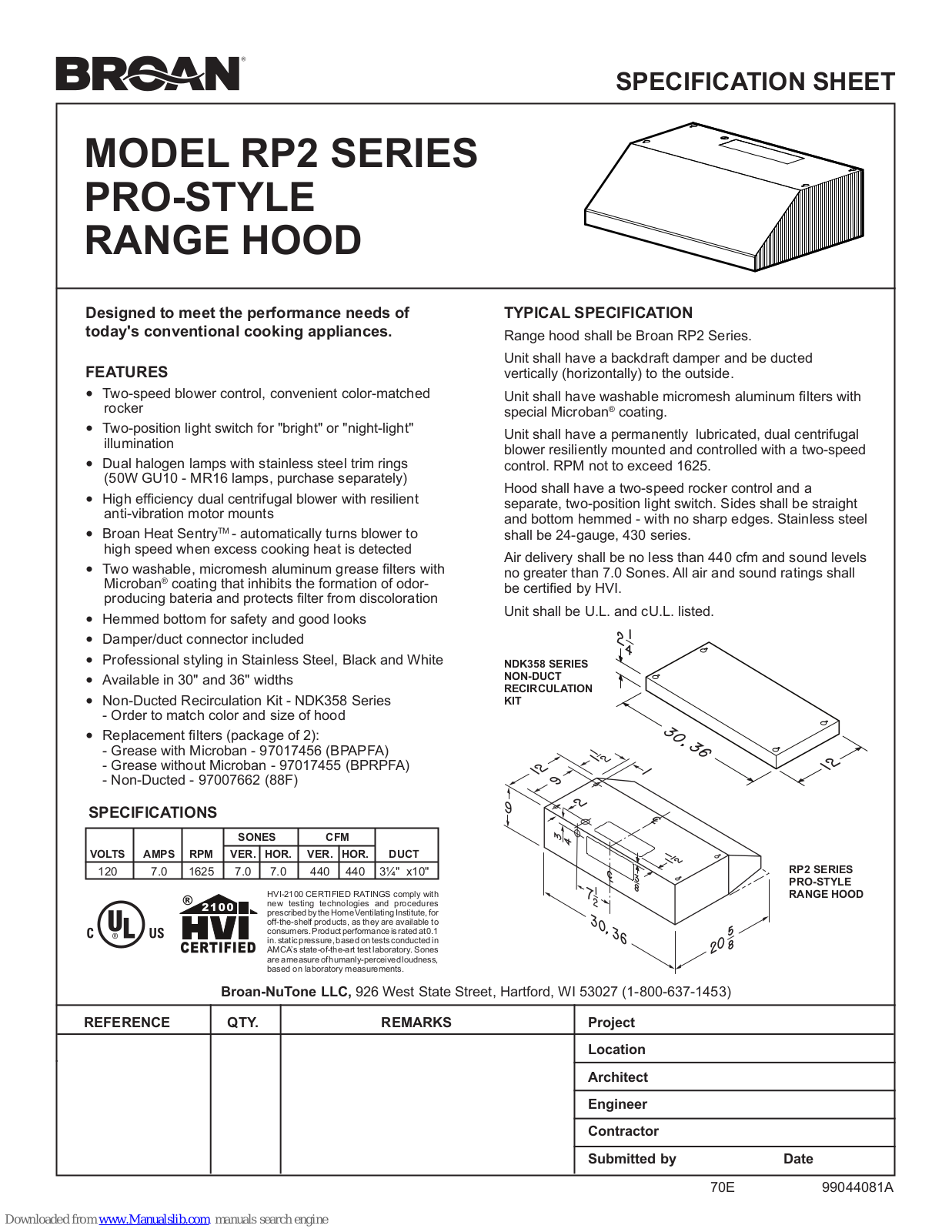 Broan RP2 Series, RP236 Specification Sheet