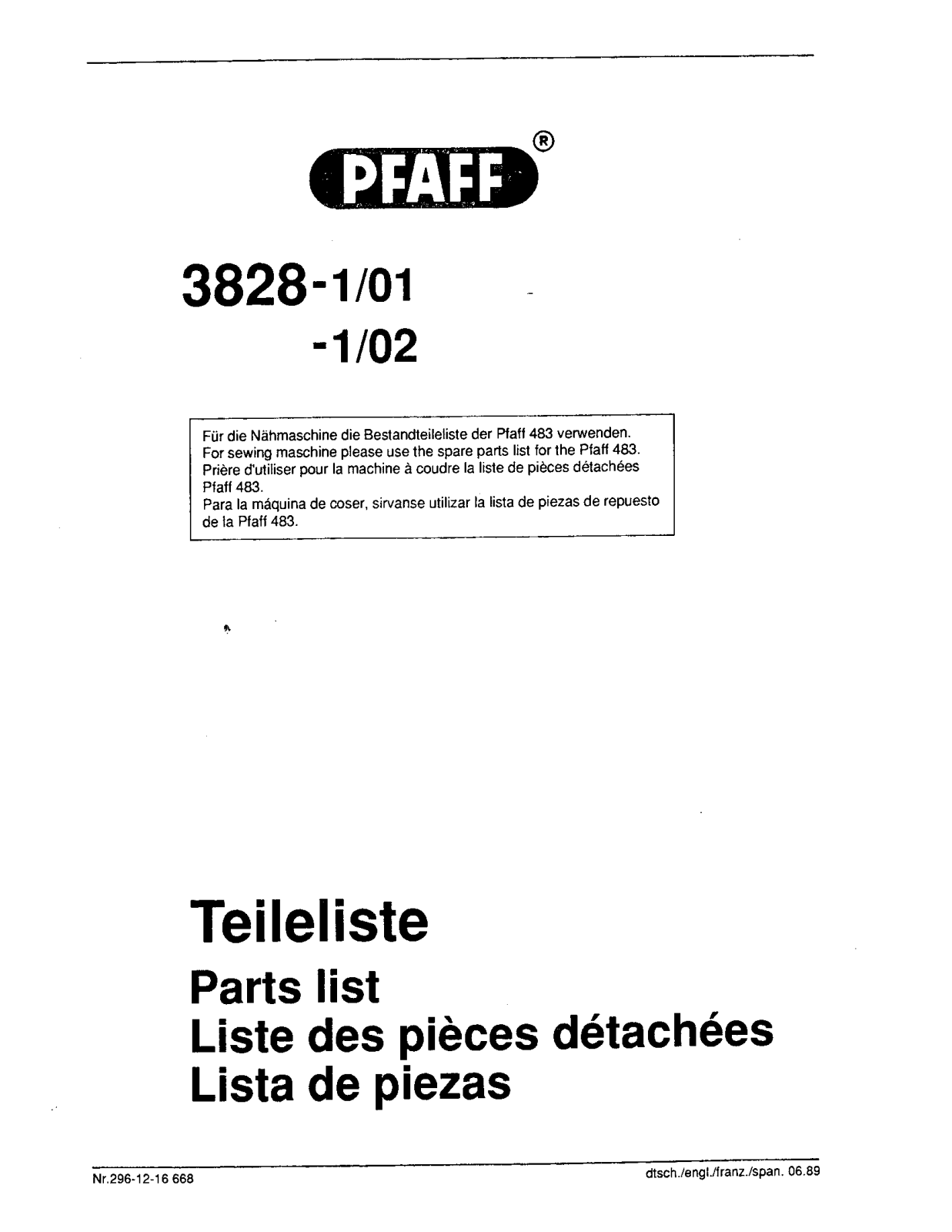 Pfaff 3828-1/01, 3828-1/02 Parts List