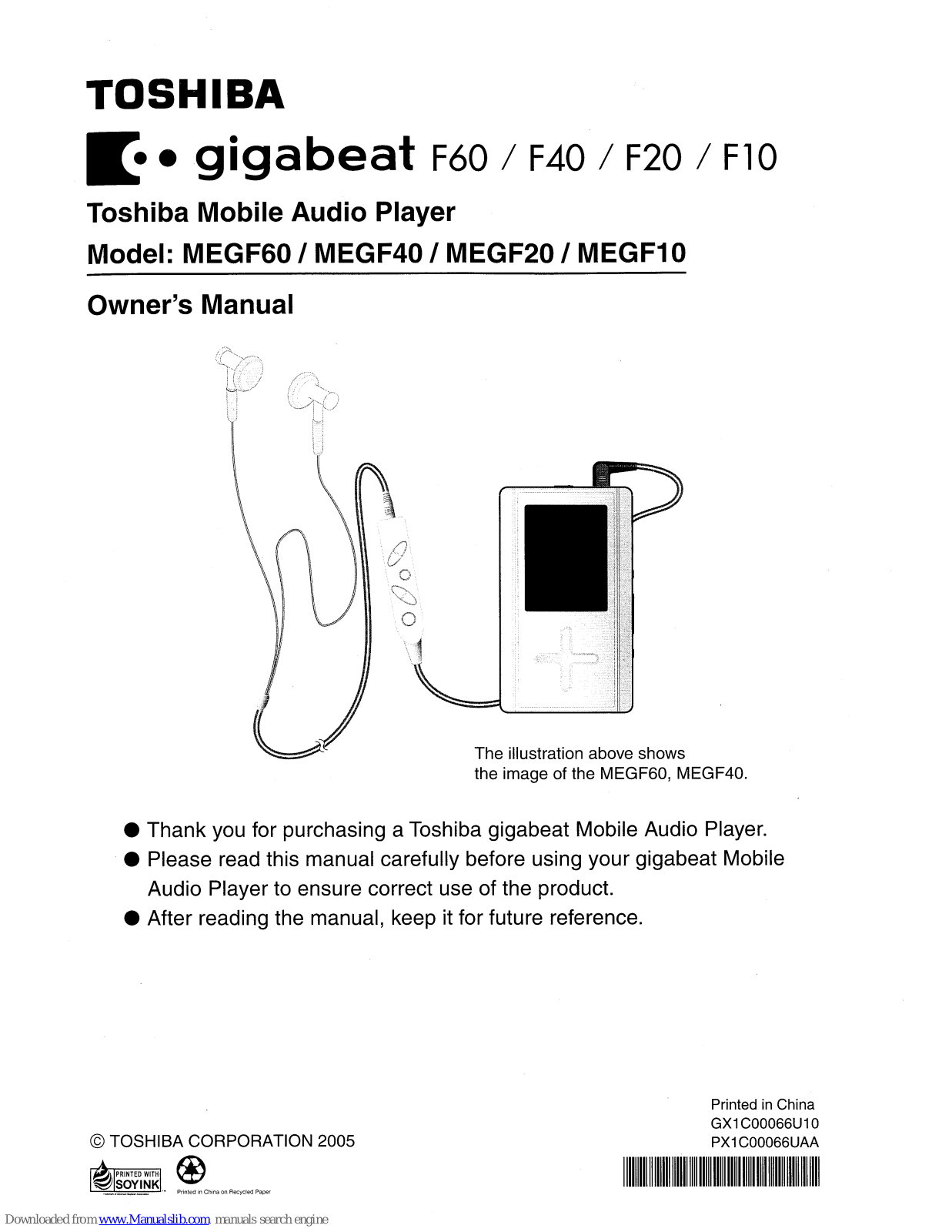 Toshiba Gigabeat F60, Gigabeat F20, Gigabeat F10, Gigabeat F40, MEGF60 Owner's Manual