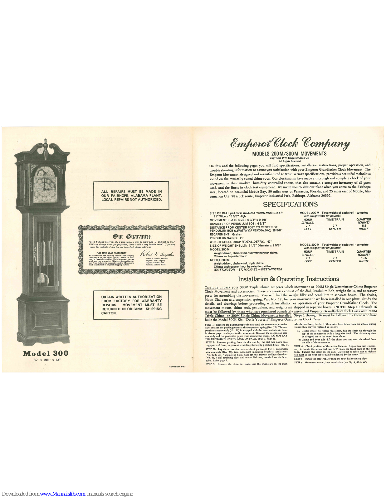 Emperor Clock Company 200M, 300M Operation Manual