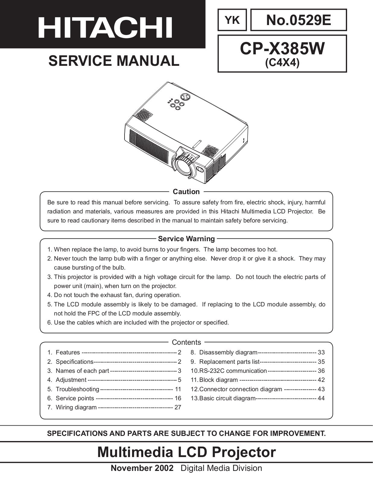 Hitachi CP-X385W Service Manual