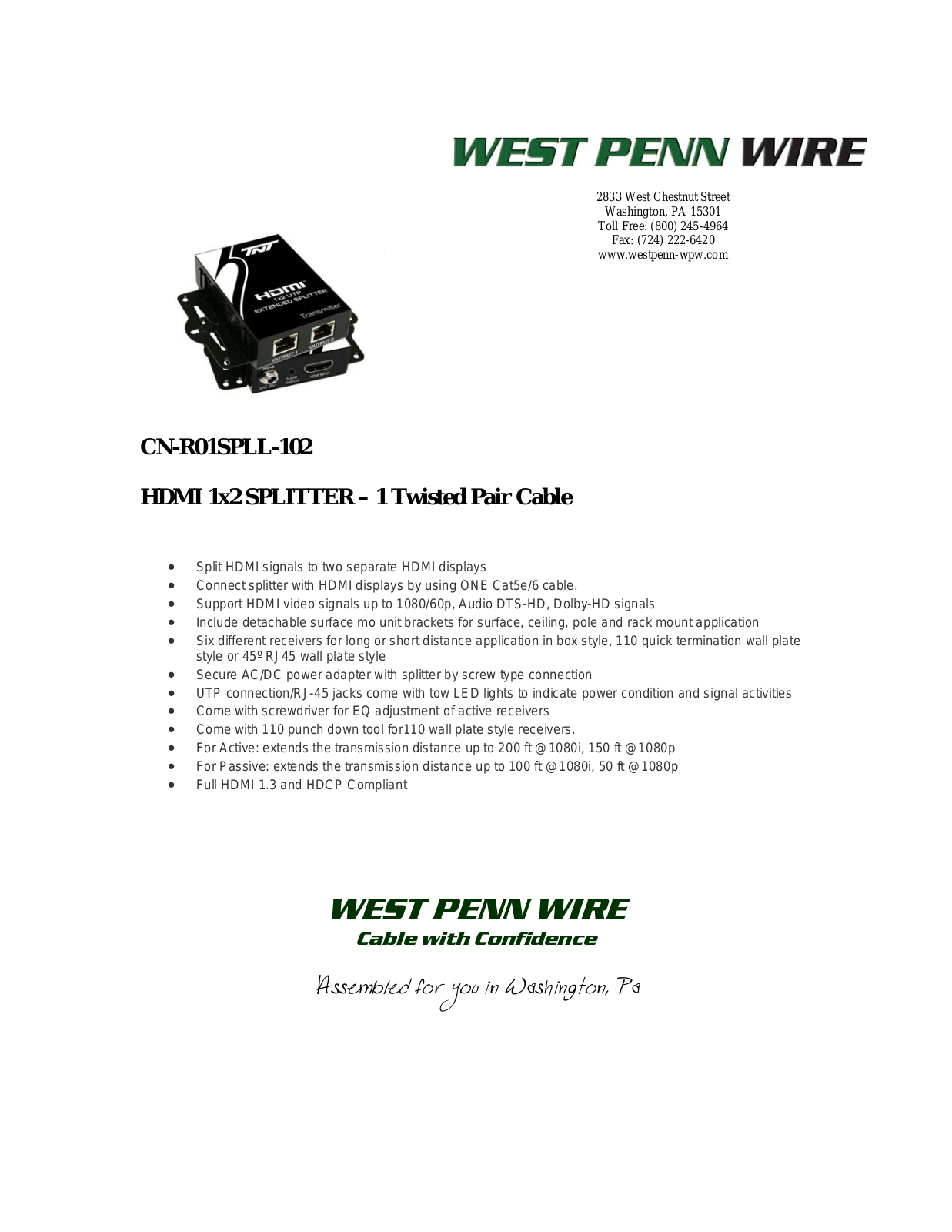 West Penn CN-R01SPLL-102 Specsheet