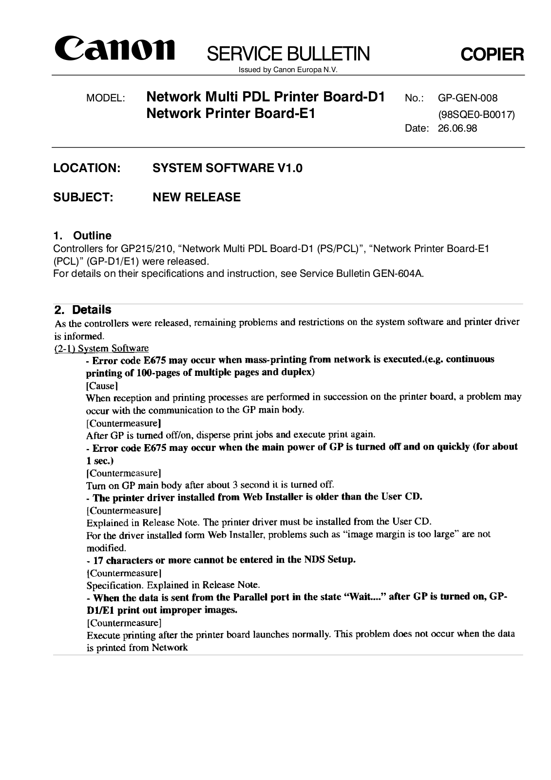 Canon GP405, GP605, GP160, Gp-335, Gp-605v Service Bulletin gpgen-08