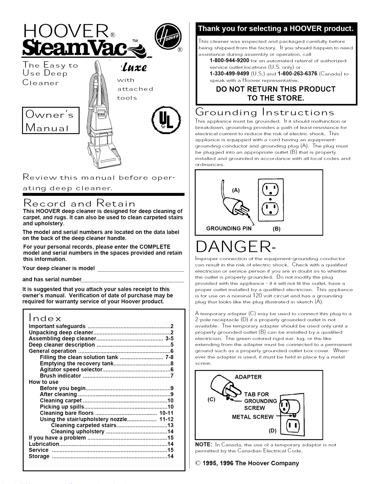 Hoover SteamVac deluxe Owner's Manual