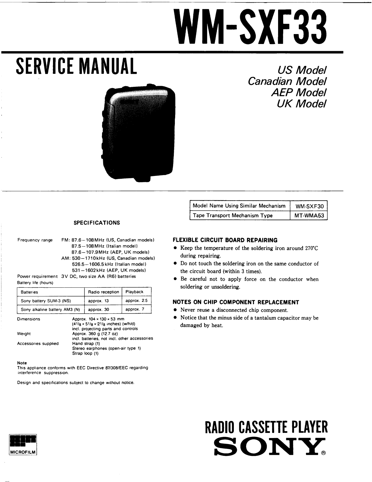 Sony WMSXF-33 Service manual