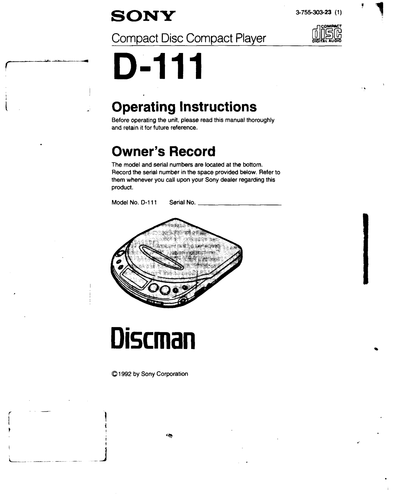 Sony D111 Operating Instructions