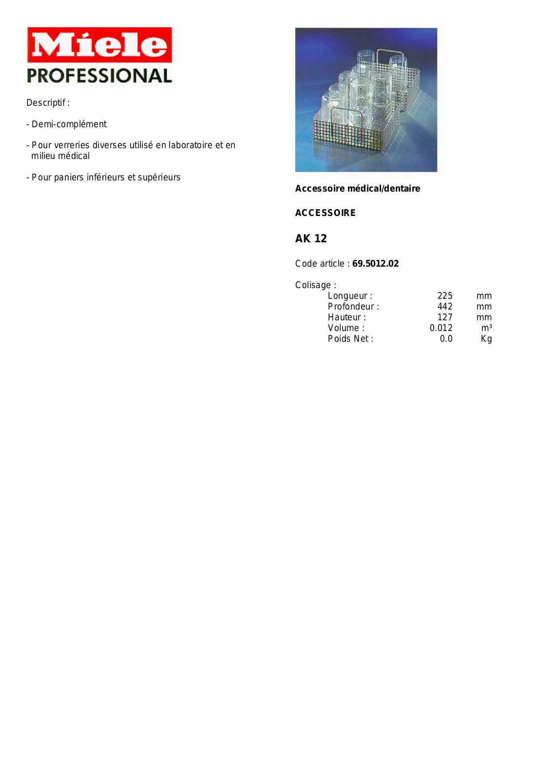 MIELE AK 12 DESCRIPTIF User Manual