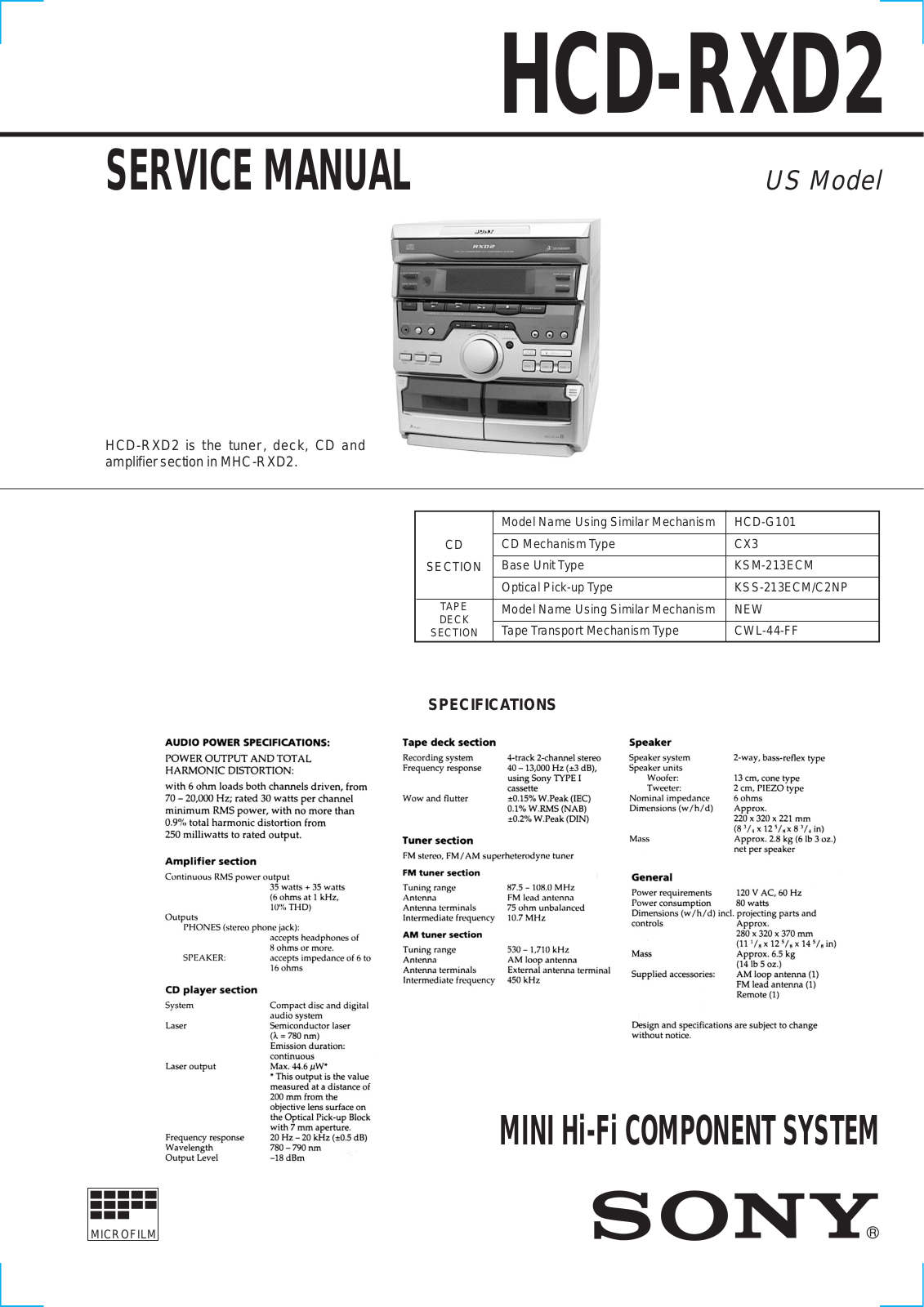 SONY HCD-RXD2 Service Manual