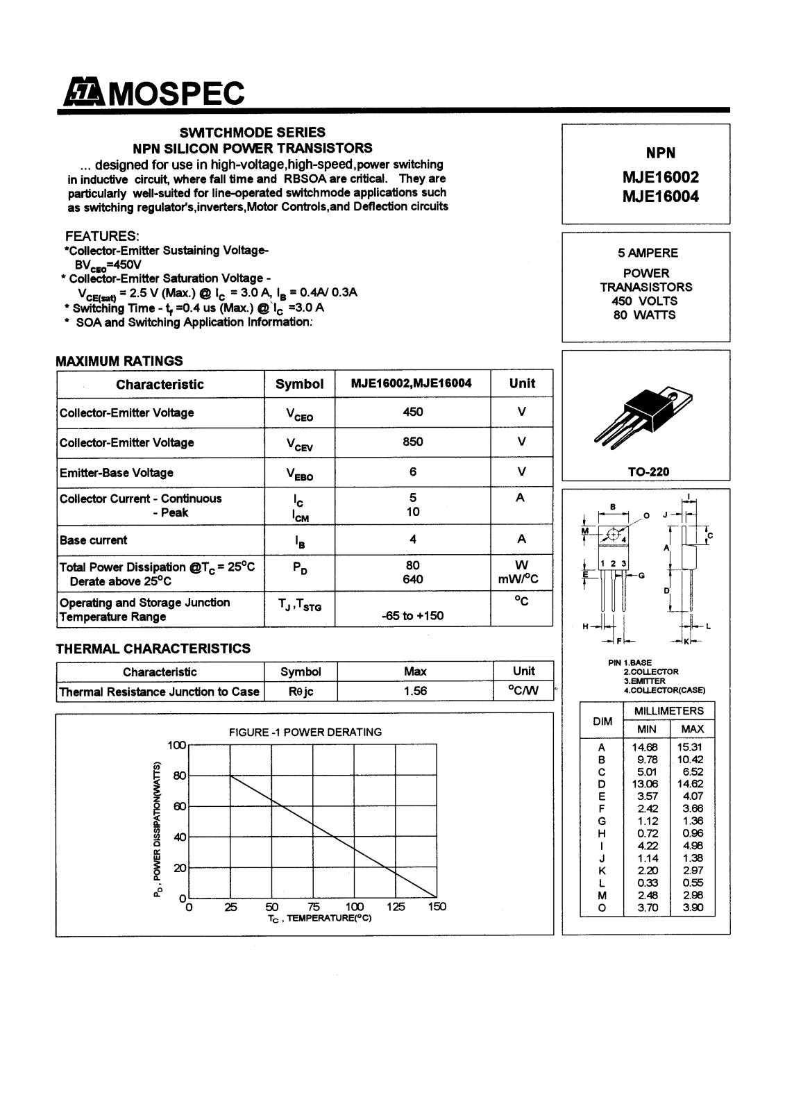 MOSPEC MJE16004, MJE16002 Datasheet