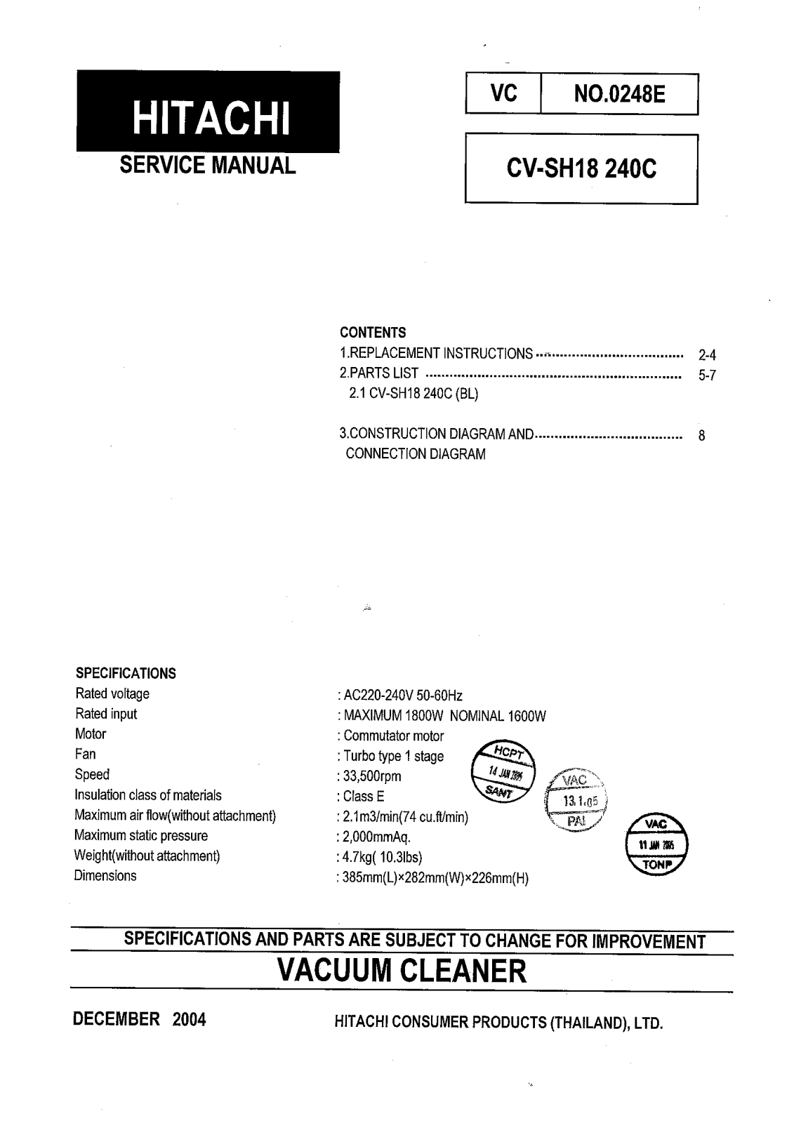 Hitachi CV-SH18 240C Service Manual