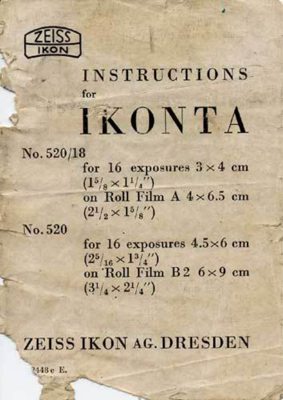 Zeiss Ikon Ikonta 520-18, Ikonta 520 Instruction Manual