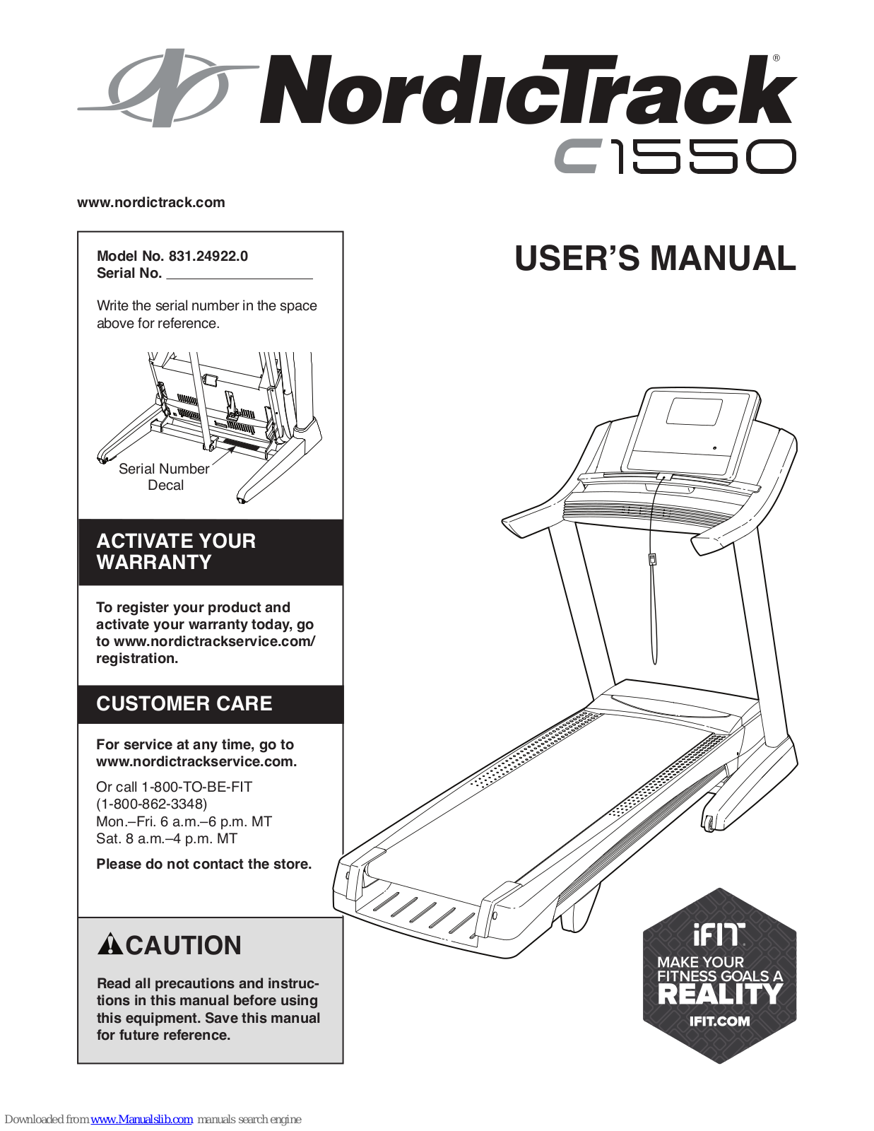 NordicTrack C 1550 Treadmill, C 1550, 831.24922.0 User Manual