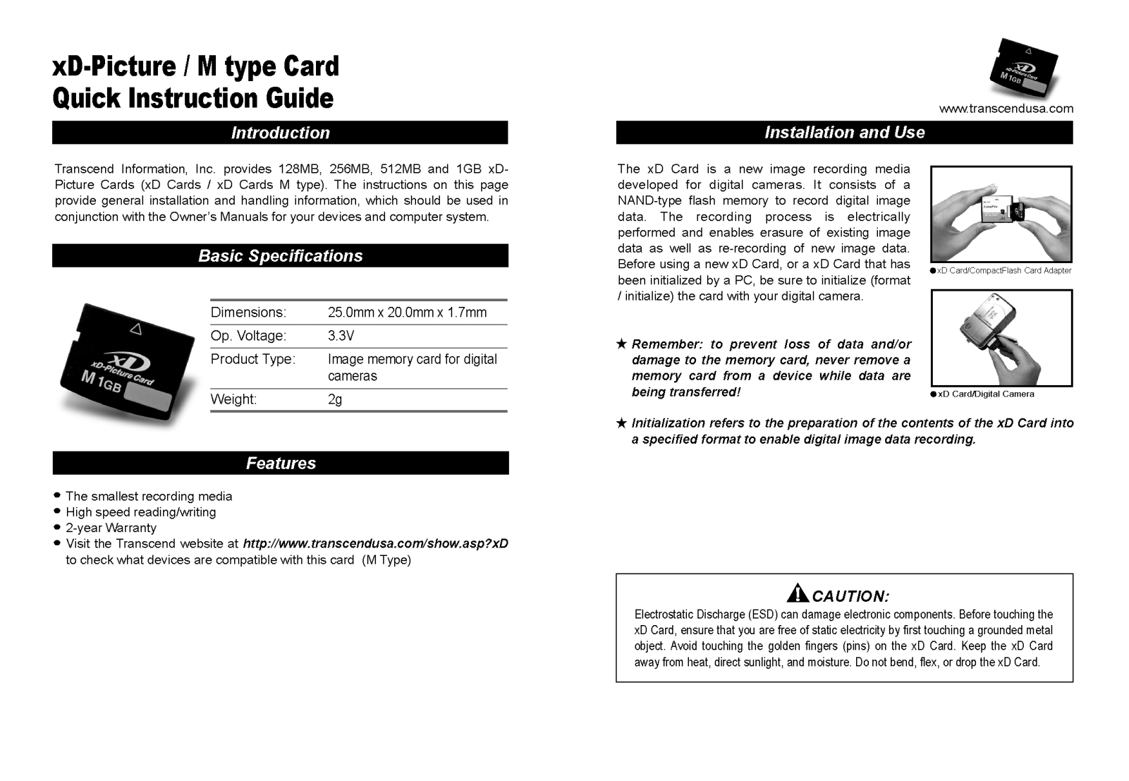 Transcend TS2GXDPCM, TS1GXDPCM, TS512MXDPCM, TS256MXDPCM, TS128MXDPCM QUICK INSTRUCTION GUIDE