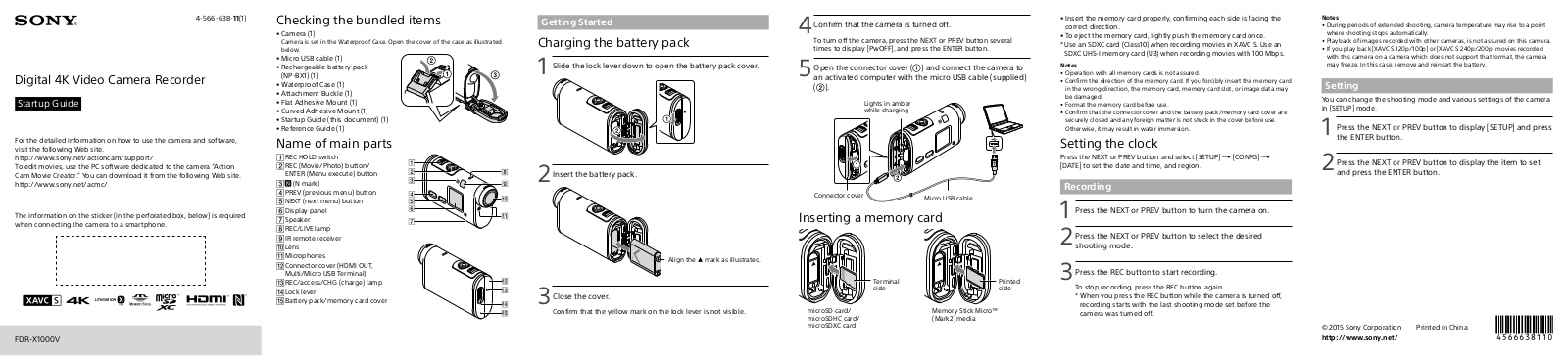 Sony FDR-X1000V Startup Guide