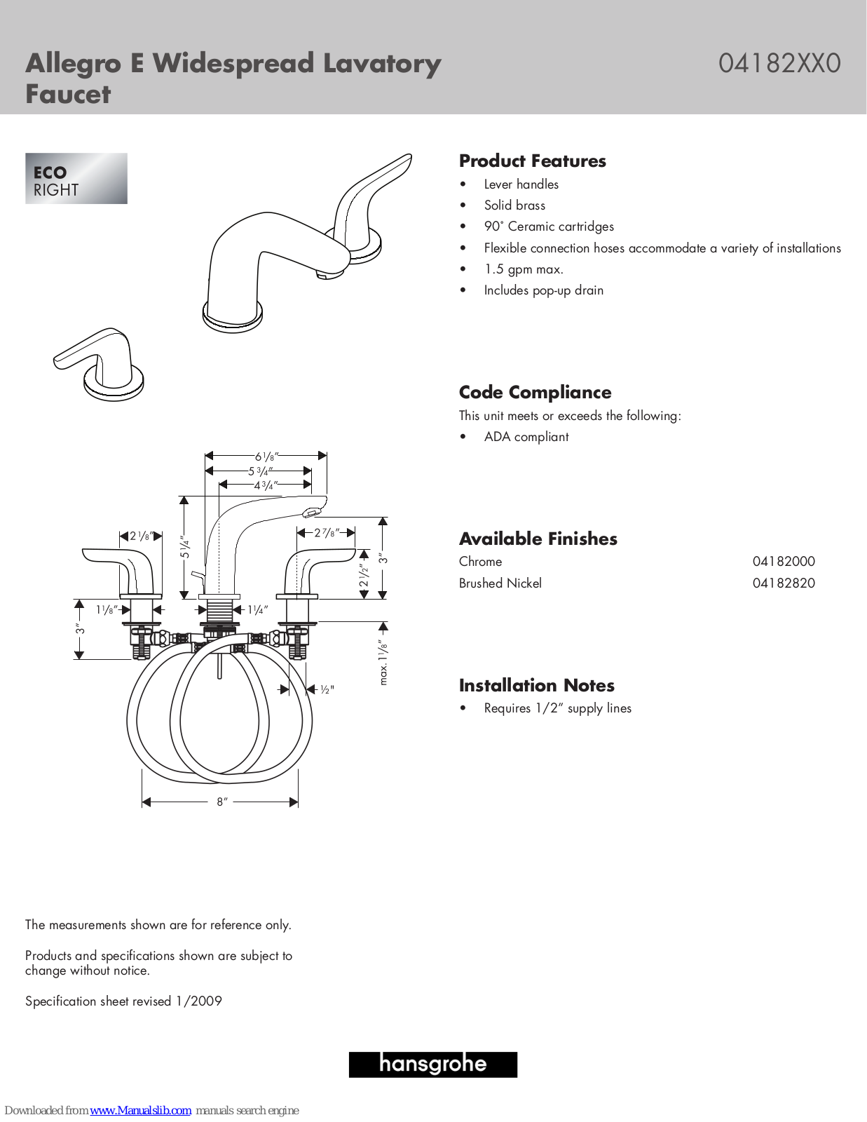 Hansgrohe 04182000, 04182820, Allegro E Widespread Lavatory Faucet Specification Sheet