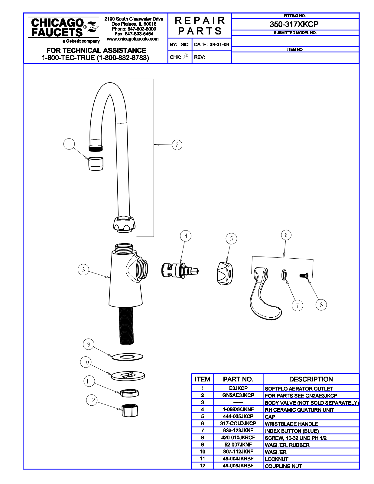 Chicago Faucet 350-317VPACP, 350-317XKCP Parts List