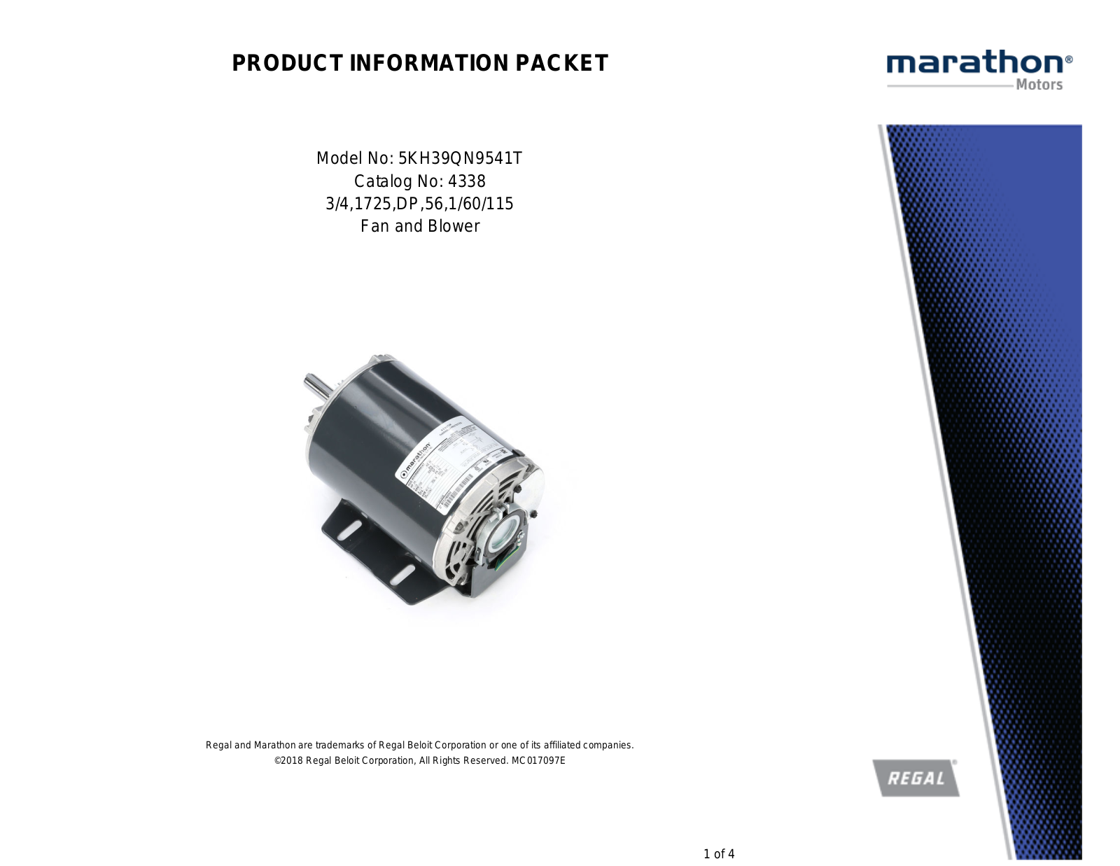 Marathon Electric 5KH39QN9541T Product Information Packet