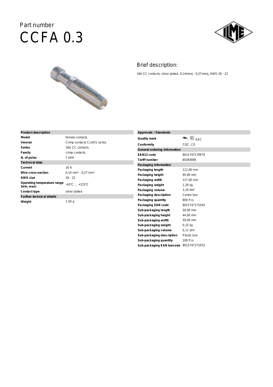 Datasheet CCFA-0.3 Datasheet (ILME) - ManualMachine.com