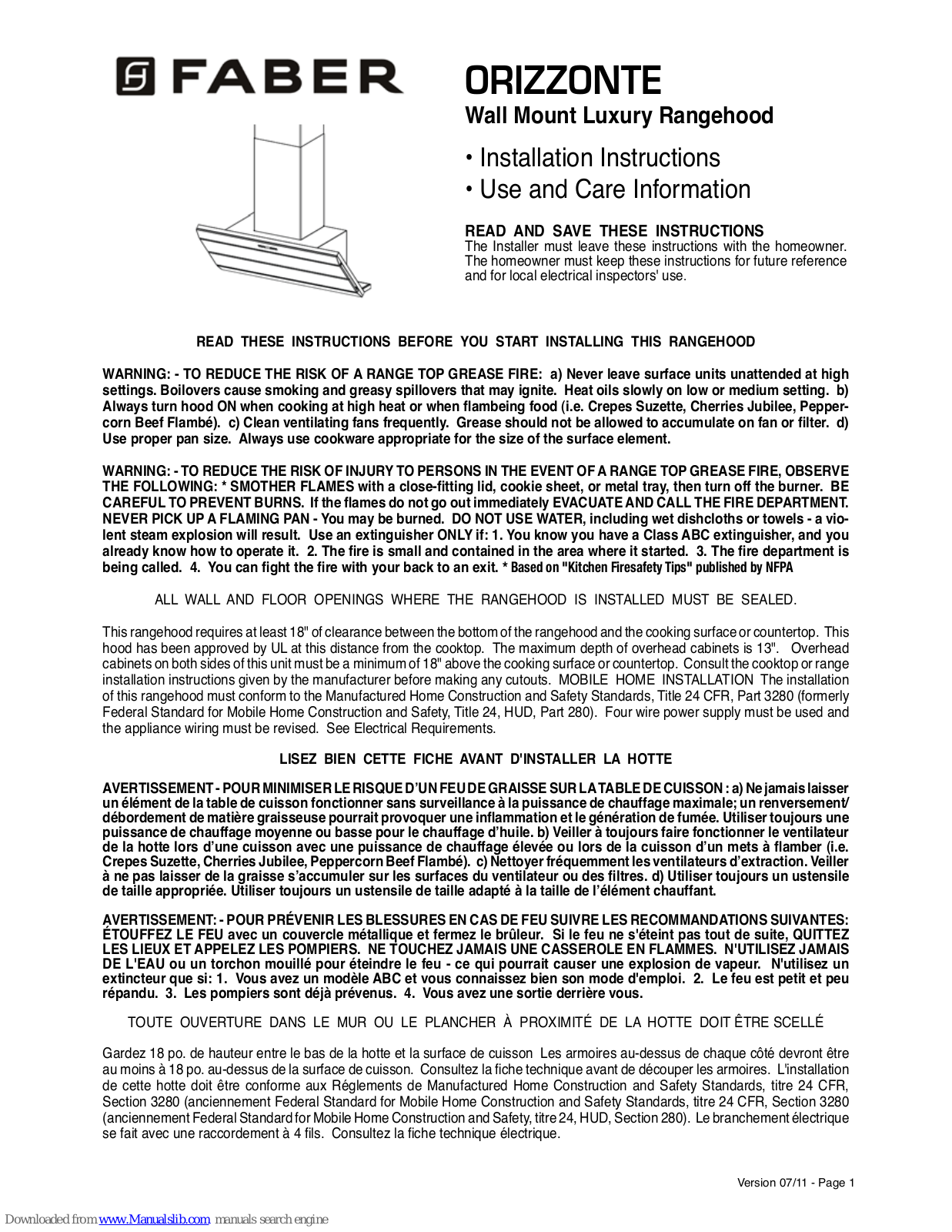 Faber ORIZZONTE Installation Instructions,Use And Care Information