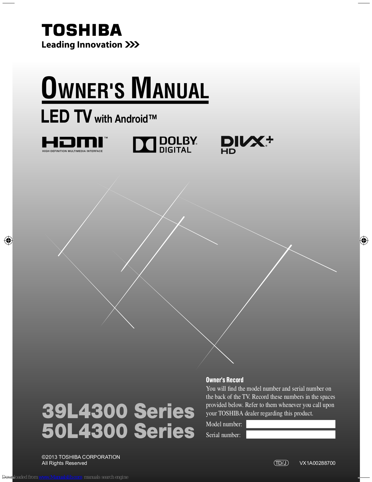 Toshiba 39L4300 Series, 50L4300 Series Owner's Manual