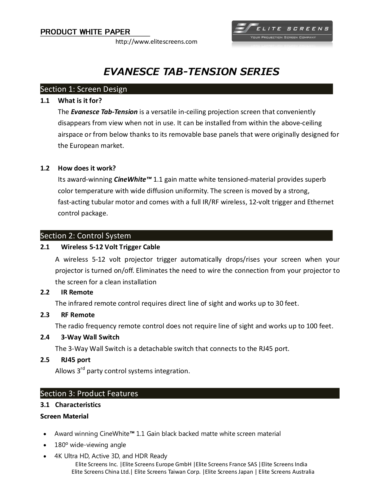 Elite Screens ITE100HW2-E8, ITE120VW2-E8, ITE106HW2-E8, ITE135HW2-E8, ITE120HW2-E8 Product White Paper