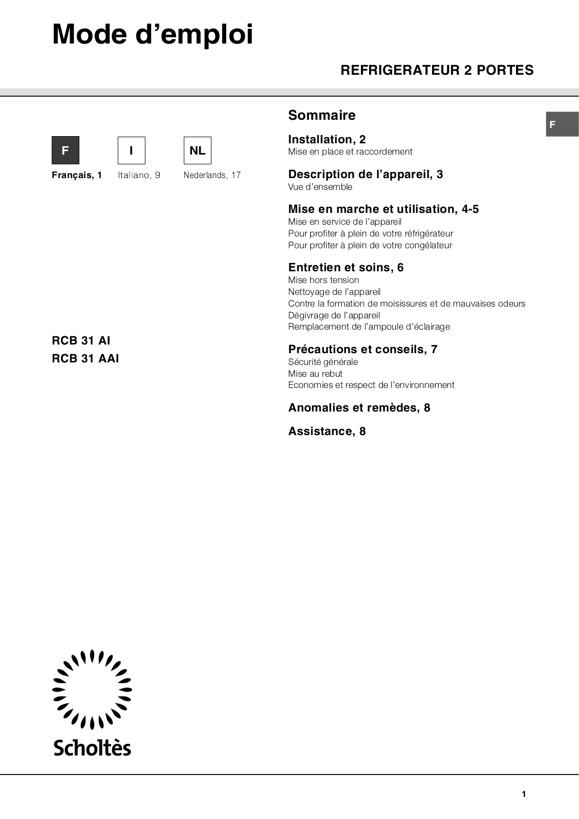 SCHOLTES RCB31A, RC 31 AI User Manual