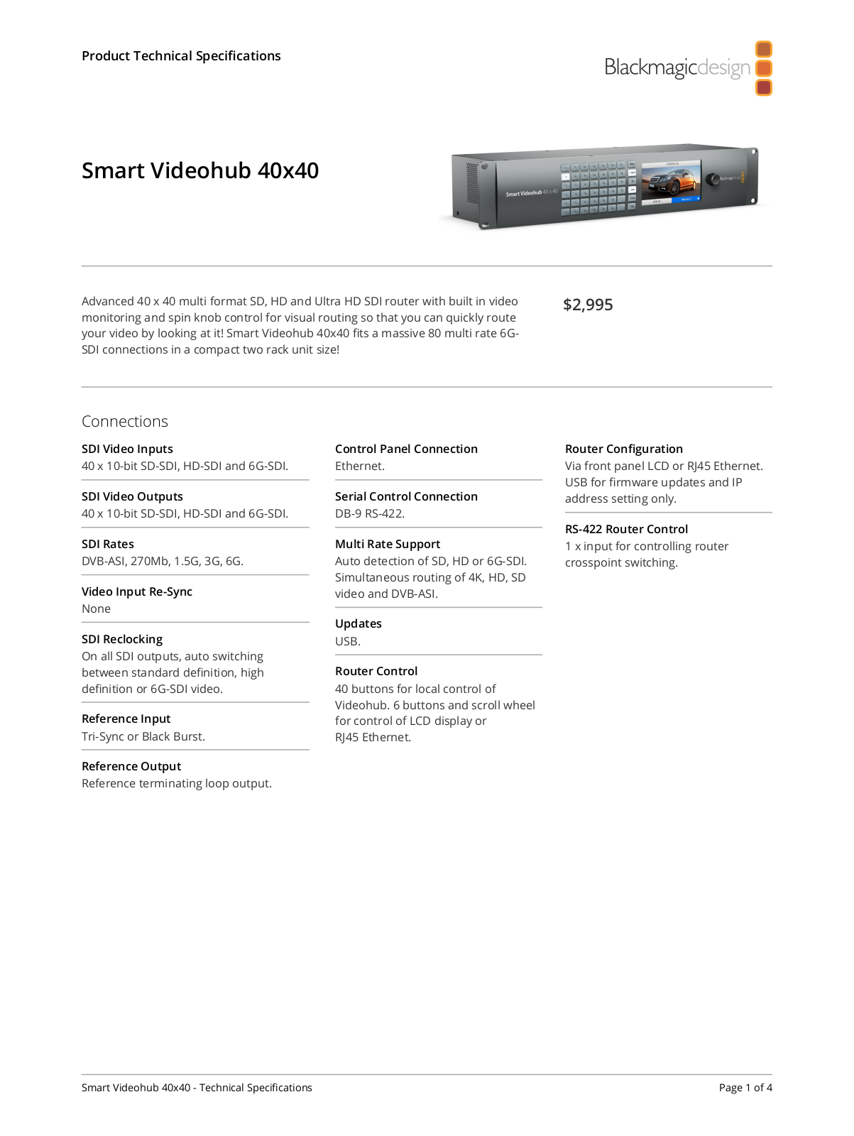 Blackmagic Design Smart Videohub 40x40 Specifications