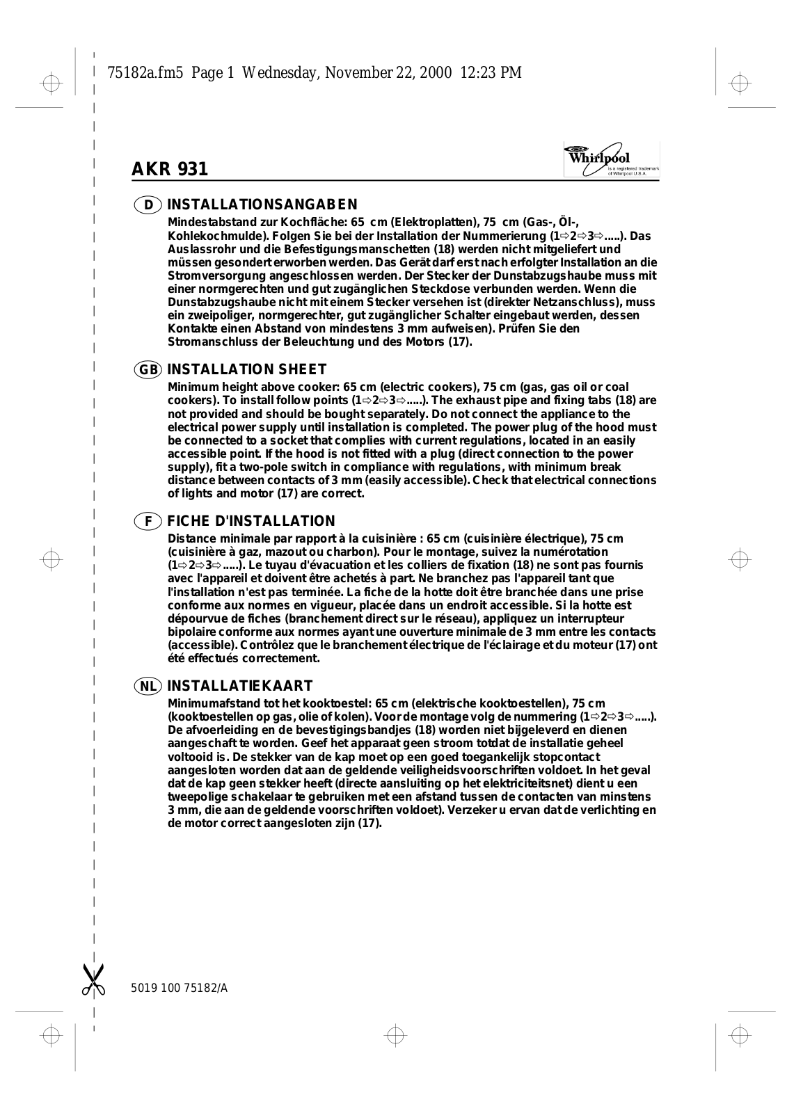 Whirlpool AKR 931 AL-1 INSTRUCTION FOR USE