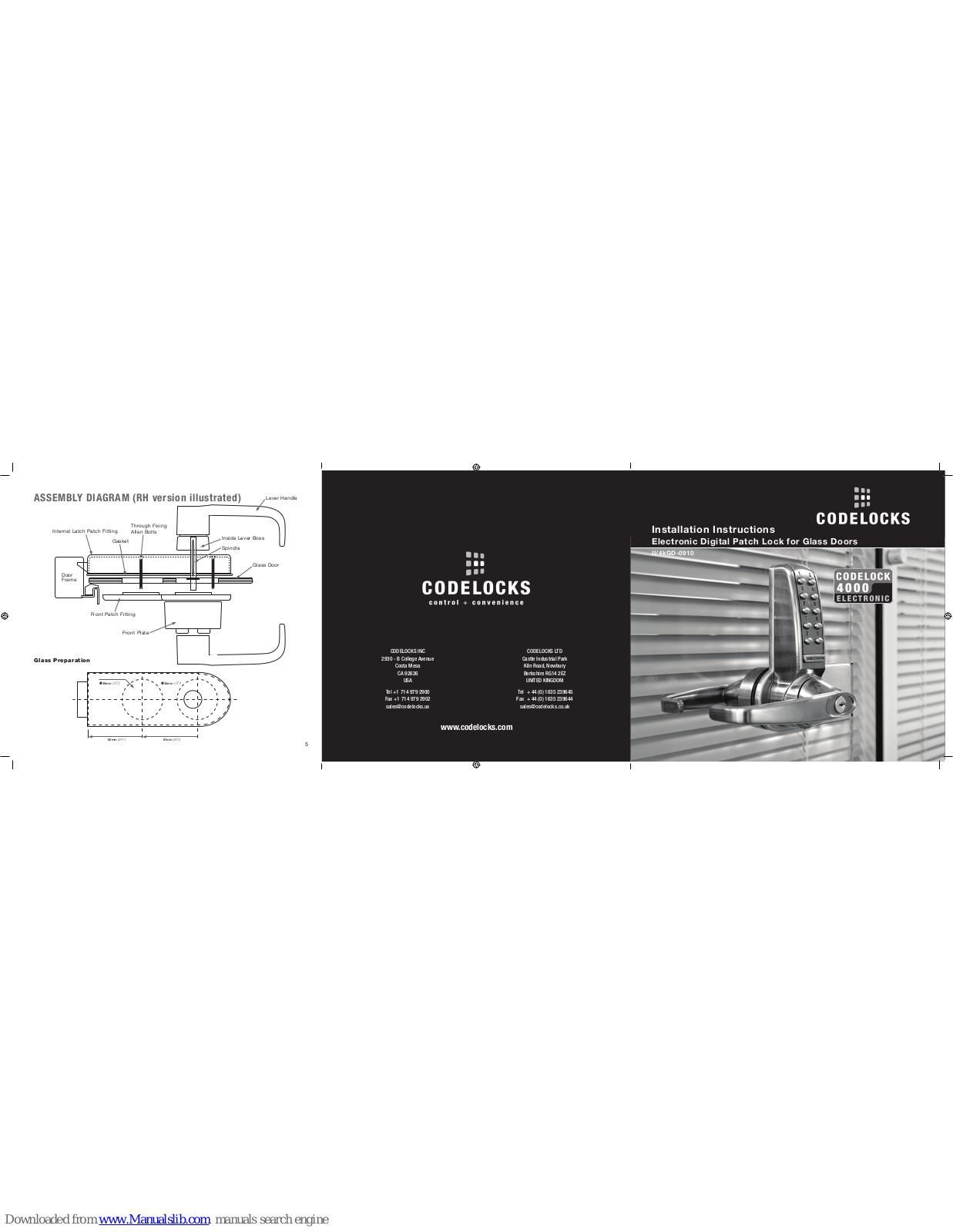 CODELOCKS GLASS DOOR LOCK, 4000 Installation Instructions Manual