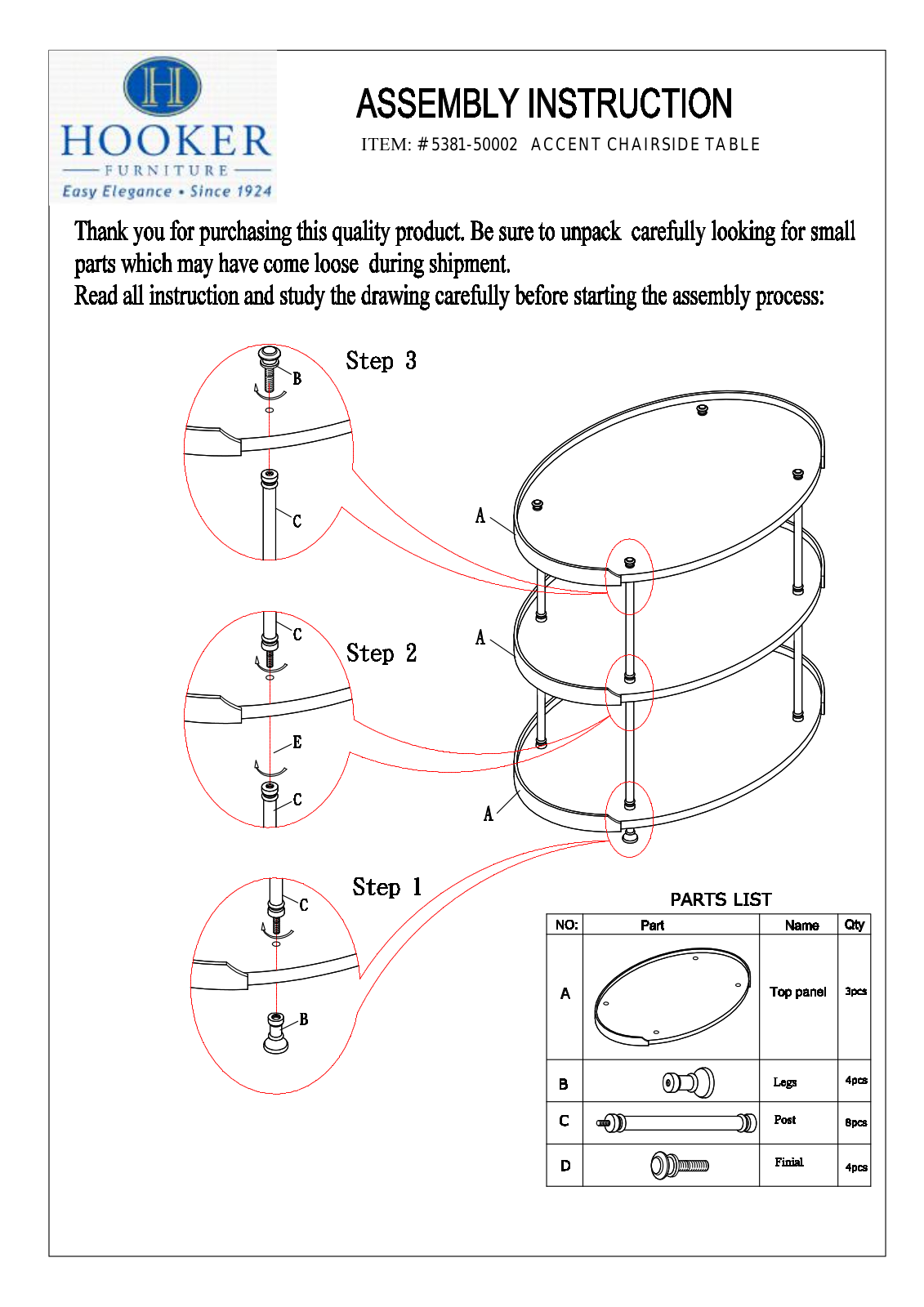 Hooker Furniture 538150002 Assembly Guide