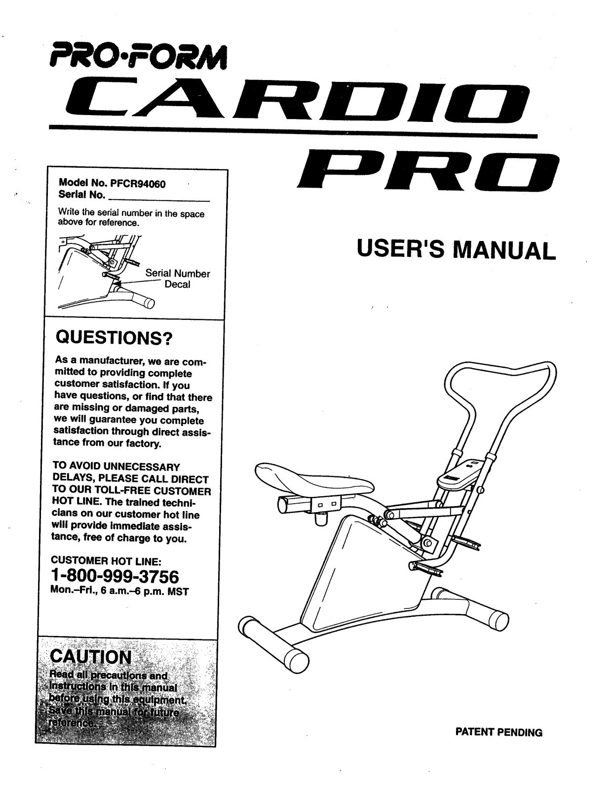 ProForm CARDIO PRO, PFCR94060 Owner's Manual