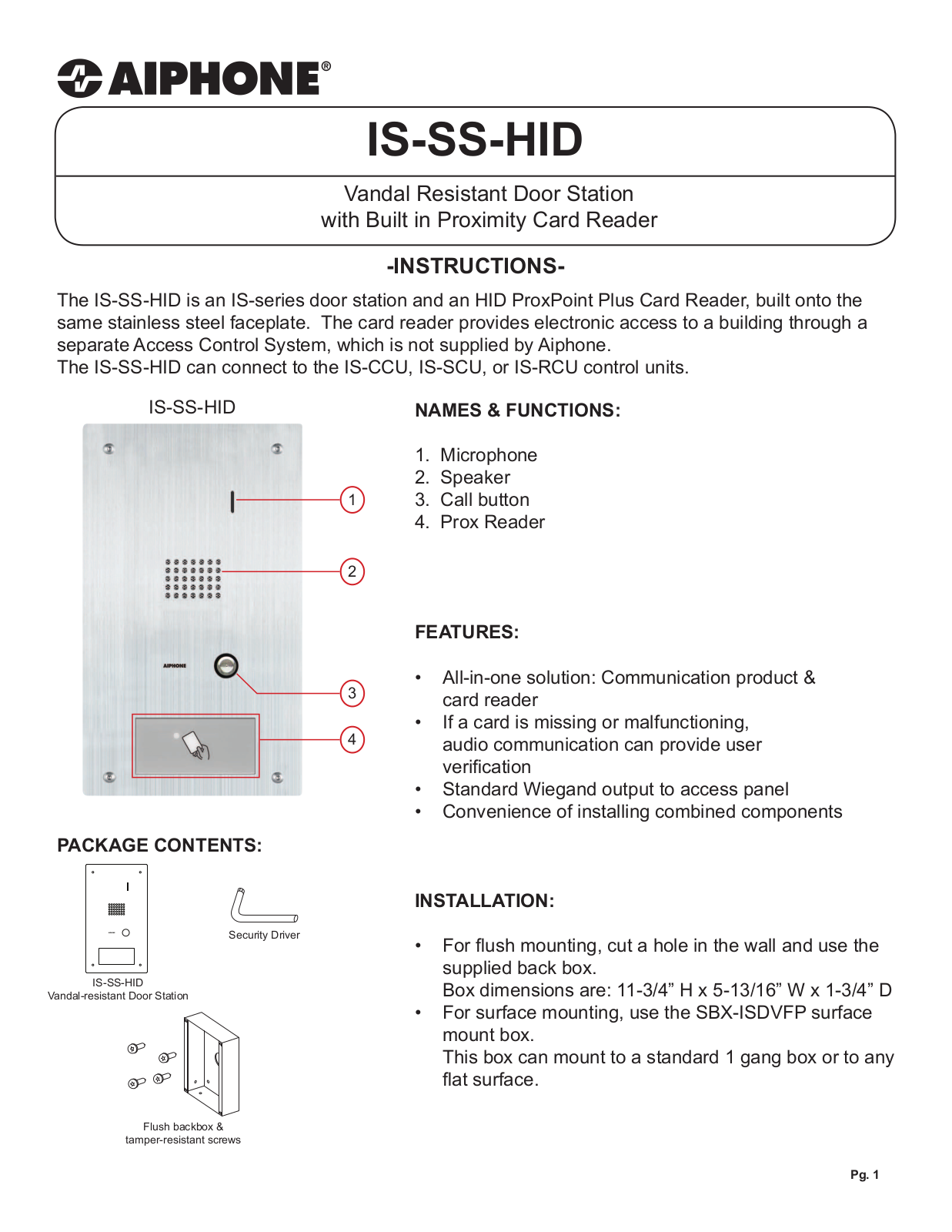 Aiphone IS-SS-HID User Manual