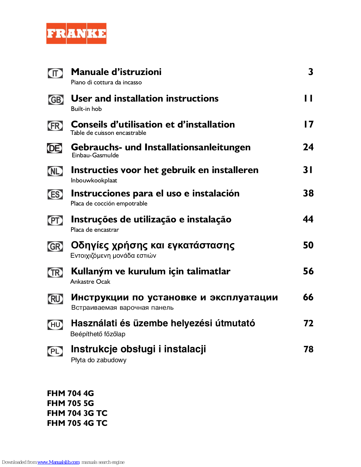 Franke FHM 704 4G, FHM 705 5G, FHM 704 3G TC, FHM 705 4G TC User And Installation Instructions Manual