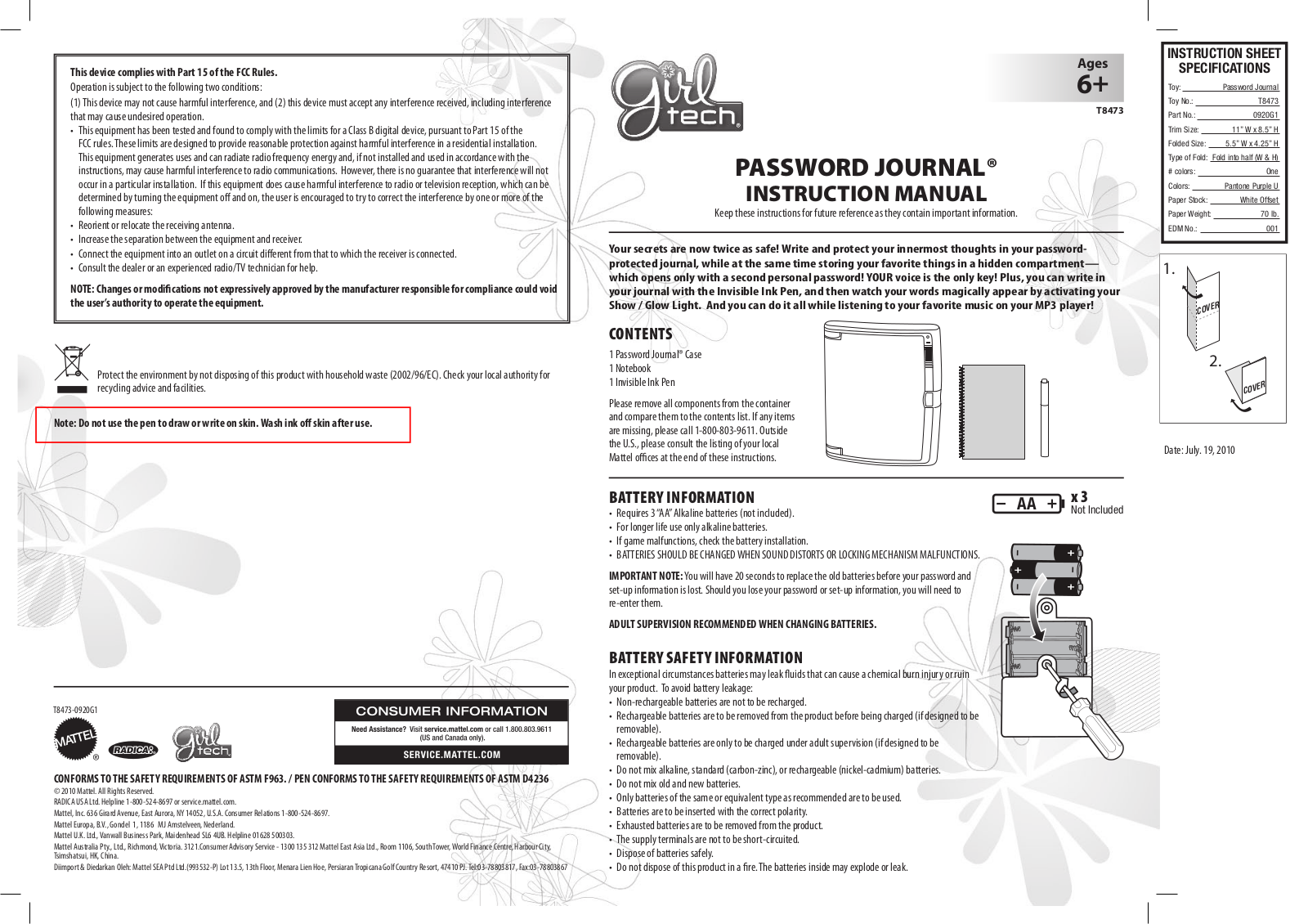 Fisher-Price T8473, W6563 Instruction Sheet